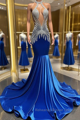 Royal Blue Halter Sleeveless Mermaid Semi Formal Prom Dresses With Beadings Velvet