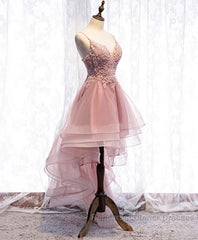 Pink Tulle Lace High Low Semi Formal Dresses, Pink Homecoming Dresses, 1
