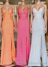 Stunning Straps Sequined Mermaid Long Semi Formal Prom Dress