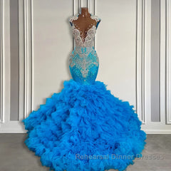 Ocean Blue Mermaid Tulle Ruffle Semi Formal Prom Dresses Long With Beadings