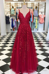 A Line V Neck Burgundy Lace Prom Dresses, Wine Red Lace Formal Evening Dresses