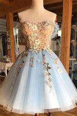 A Line Light Blue Off The Shoulder Above Knee Homecoming Prom Dresses With Appliques