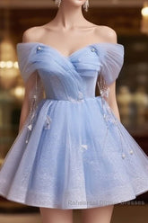 Blue Fairy Off the Shoulder Lace Short Homecoming Dresses
