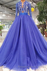 Blue Long Sleeves V Neck Tulle Semi Formal Prom Dresses with Beading