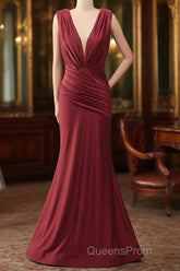 Burgundy Mermaid V-Neck Long Glitter Evening Prom Dress With Pleating