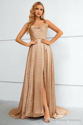 Khaki Spaghetti Straps Bowknot Prom Dress With Slit