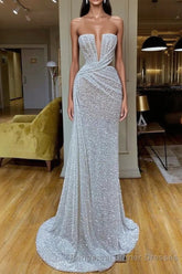 Plunging V-neck Sparkle White Sequined Strapless Semi Formal Prom Dress