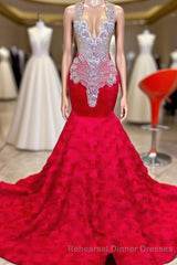 Charming Long Mermaid Jewel Satin Beading Semi Formal Prom Dress Red Semi Formal Prom Gowns