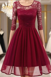 Classy Short Vintage Maroon Evening Prom Dress with Sleeves