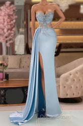 Column Slit Front Long Sweetheart Strapless Sleeveless Sky Blue Ruffle Stain Evening Dress with Beadings