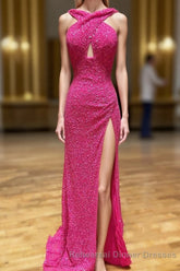 Cross Front Hot Pink Sequins Mermaid Long Semi Formal Prom Dress