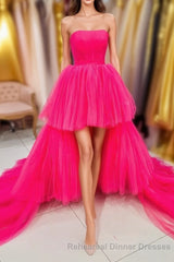 High Low Hot Pink Strapless Semi Formal Prom Gown