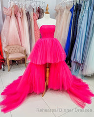 High Low Hot Pink Strapless Semi Formal Prom Gown