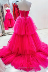 High Low Hot Pink Strapless Semi Formal Prom Gown