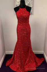 Halter Mermaid Red Sequins Long Dress