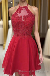 Halter Red Chiffon Appliques Beading Short Homecoming Dresses