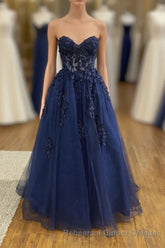 Dark Navy Long A-line Tulle Lace Backless Semi Formal Prom Dresses