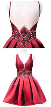 Sweet A Line V Neck Sheer Back Beaded Crystals 8Th Grade Prom Dresses, Short Burgundy Party Homecoming Dress, E0983