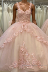 Quinceanera Sweet Tulle Ball Gown 16 Lace Pink Party Flower Sparkly Semi Formal Prom Dress
