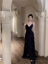 Navy Blue Spaghetti Strap A-Line V-Neck Sequined Long Prom Dress, Adult Ceremony Graduation Evening dress