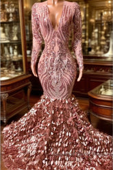 Elegant Long Mermaid V-neck Appliques Lace Semi Formal Dresses with Sleeves