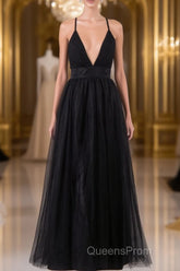 Elegant Tulle Spaghetti Straps Backless Floor Length Evening Prom Dress