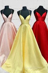 Elegant Yellow Satin Long Evening Prom Dress with Cross Back