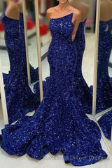 Strapless Royal Blue Sequins Mermaid Long Semi Formal Prom Dress
