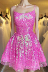Cute Hot Pink Sequins A-Line Homecoming Dress Hoco Night Dress