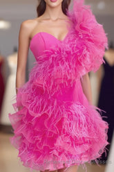 Ruffled Tulle Shoulder Hot Pink Short Homecoming Dress with Feather