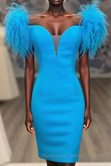 Fitted Feather Shoulder Blue Tight Homecoming Dress
