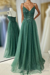 Hunter Green A-line Beaded Applique Straps Tulle Long Semi Formal Prom Dress