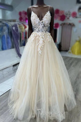 V-Neck Champagne Appliques Long Evening Prom Dress with Straps