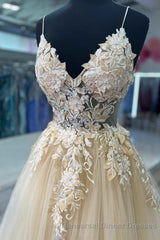 V-Neck Champagne Appliques Long Semi Formal Prom Dress with Straps