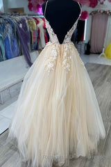 V-Neck Champagne Appliques Long Semi Formal Prom Dress with Straps