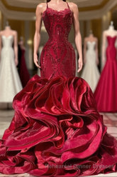 Fabulous Burgundy Long Mermaid Spaghetti Straps Satin Lace Semi Formal Prom Dress