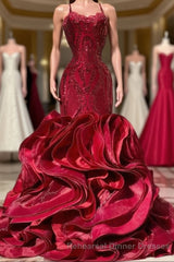 Fabulous Burgundy Long Mermaid Spaghetti Straps Satin Lace Semi Formal Prom Dress