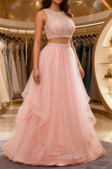 Fairy Blush Pink Two Piece Long Evening Prom Dress