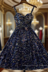 Glitter Navy Blue Sequin Short Semi Formal Prom Dress