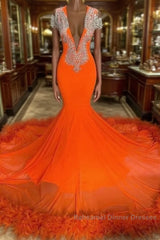 Gorgeous Orange Long Mermaid Tassel V-neck Semi Formal Dresses with Sleeves
