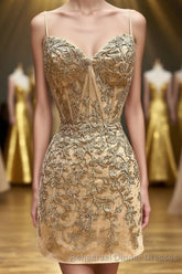 Champagne Spaghetti Straps Tight Short Homecoming Dress with Appliques