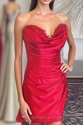 Hunter Green Strapless Beaded Pleated Sheath Homecoming Dress