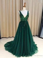 Hunter Green V-neck Long Formal Tulle Low Back Prom Dress