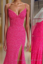 Mermaid Sequins Flattering Long Semi Formal Prom Party Dresses With Slit