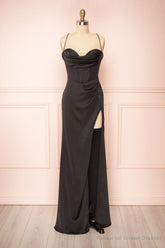 Black Prom Dresses, Corset Cowl Neck Maxi Dress, Black Bridesmaid Dress