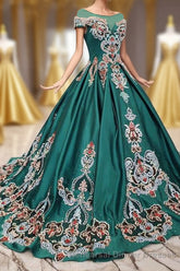 Luxury Green Round Neck Short Sleeves Semi Formal Prom Dresses with Beading