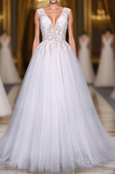 Flowy A-line Long V-neck Lace Tulle Beach Wedding Dress Bridal Gowns