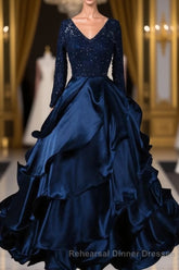 Semi Formal Prom V-neck Beading Lace Satin Backless Ball Gown Semi Formal Prom Dresses With Sleeves