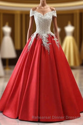 Modest Red Cap Sleeves Ball Gowns Lace Satin Semi Formal Prom Dresses Evening Dresses