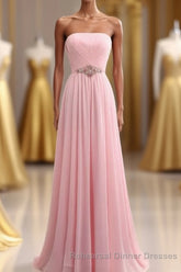 Elegant Strapless A-line Pink Chiffon Long Semi Formal Prom Dresses Girly Dresses